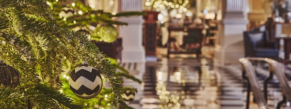 Black and white bauble on christmas tree in Claridge's